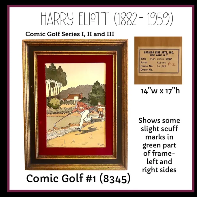 Harry Eliott "Comic Golf" Vintage Set of 3 Framed Lithograph Prints Wall Art HTF 2