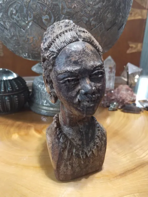 Vintage carved wood African woman Queen bust figurine with braids