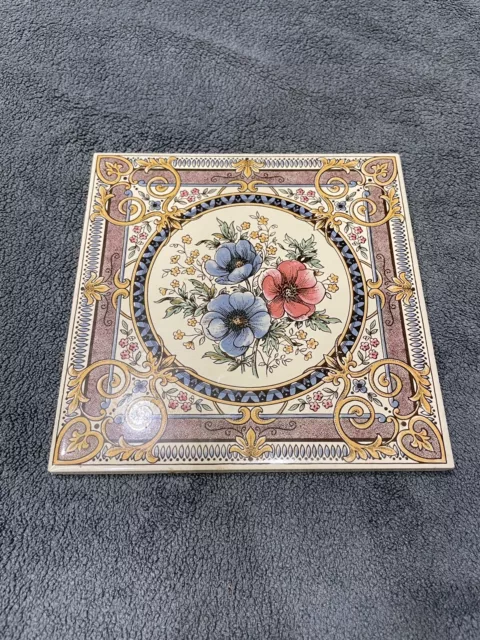 Beautiful Floral Vintage Tile Trivet 6" By 6" H&R Johnson Tiles Made in England