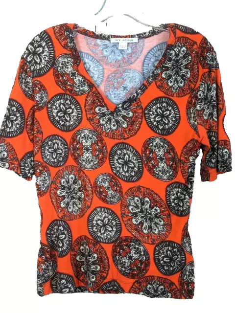 St John Shirt Womens Red Black Medallion Short Sleeve Stretch V Neck USA