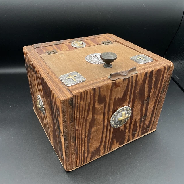 HOLY BOX WITH Antique Crosses Wood Religious Box Chest Metal Latch