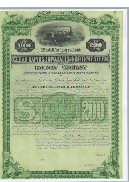 Cedar Rapids Iowa Falls And Northwestern Railway Co...1884 First Mortgage Bond