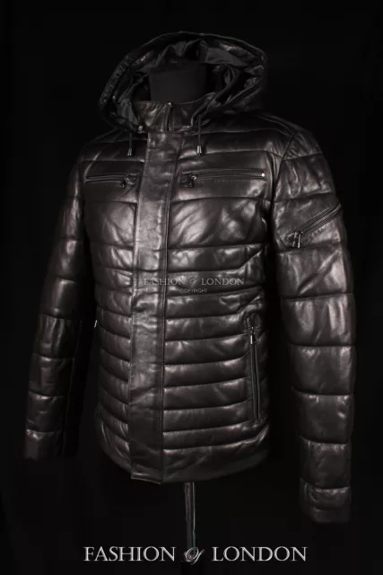 Men ICEBERG PUFFER Quilted Leather Jacket Black Italian Lambskin Leather Jacket