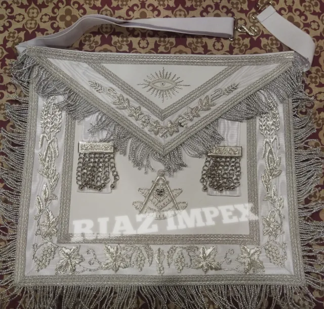 Masonic Regalia Past Master White Apron Hand Embroidered And Chain Collar Silver 2