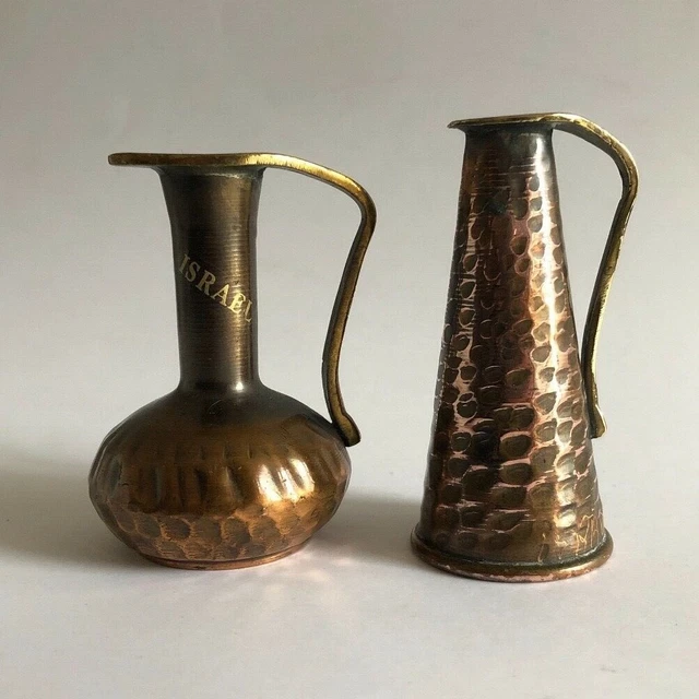 Vintage Israel mini copper hammered ora pitchers 3" with tax stickers attached