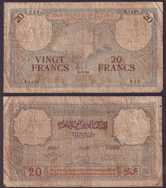 Morocco 20 Francs 1942 * F * P-18b * KEY DATE
