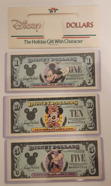 New Crisp Unc Disney Dollars $1, $5 & $10 Matching Serial #'s D00000741A (1990) New Crisp Unc Disney Dollars $1, $5 & $10 Matching Serial #'s D00000741A (1990)