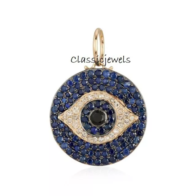 Blue Sapphire Evil Eye Diamond Necklace Charm 925 Sterling Silver Charm Pendant