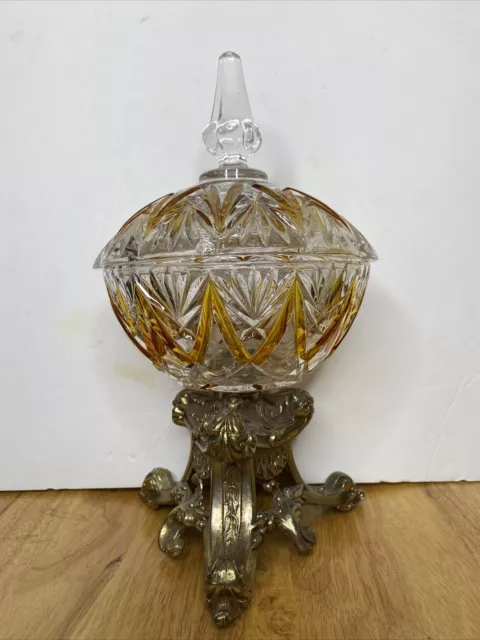 Vintage BWM & CO Compote Candy Dish with Crystal Cut Glass & Brass Pedestal Base