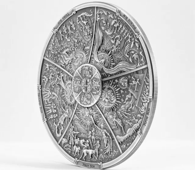 Palau 2021 20$ AZTEC FIVE SUNS Ages of Man Creation of World 3 Oz silber Münze