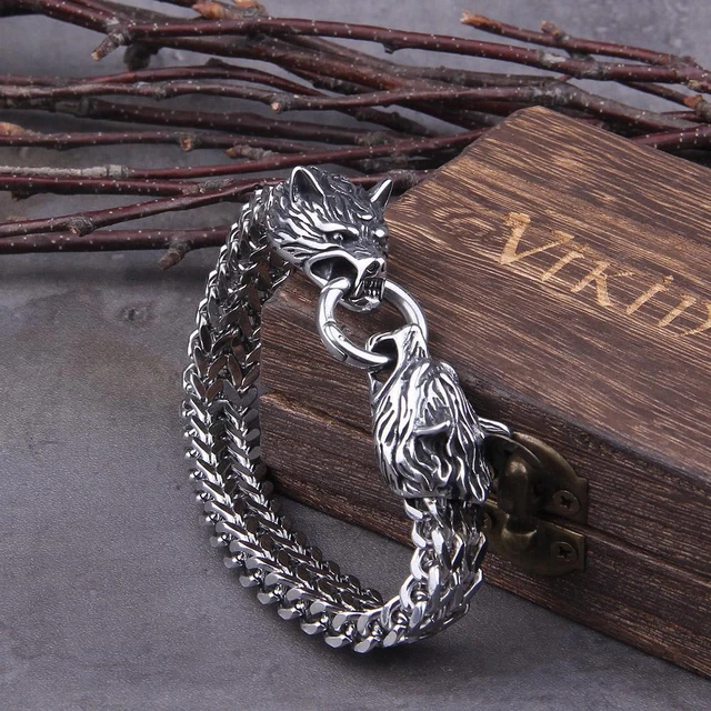 Never Fade Rock Viking Wolf Men's 316L Stainless Steel Wolf Head Chain Link Brac