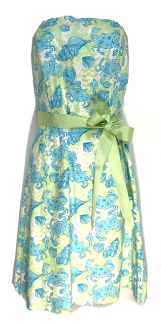 Lilly Pulitzer Crabs & Shells Strapless Cotton Sundress, Size 6, Aqua/Lime, VGUC
