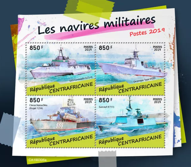 Central African Rep 2019 MNH Military Ships Stamps USS Coronado Surcouf 4v M/S
