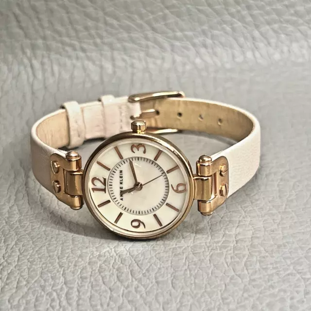 Anne Klein Watch Gold Tone Blue Genuine Leather Pink Blush Strap MOP Dial WR30m