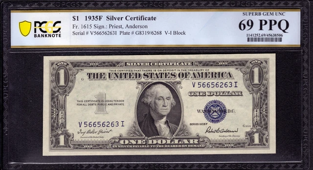 1935 F $1 Silver Certificate Note Fr.1615 Pcgs B Superb Gem 69 Ppq Top Pop