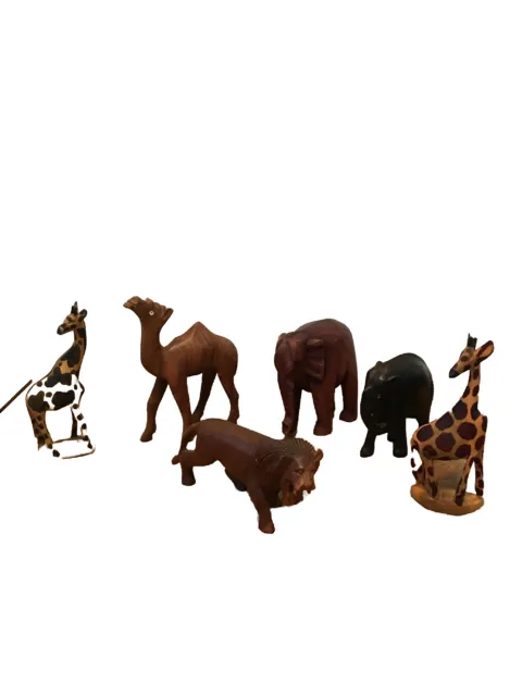 Hand Carved Wood Animal Figurines Lot Of 6 Elephant Lion Camel Giraffe