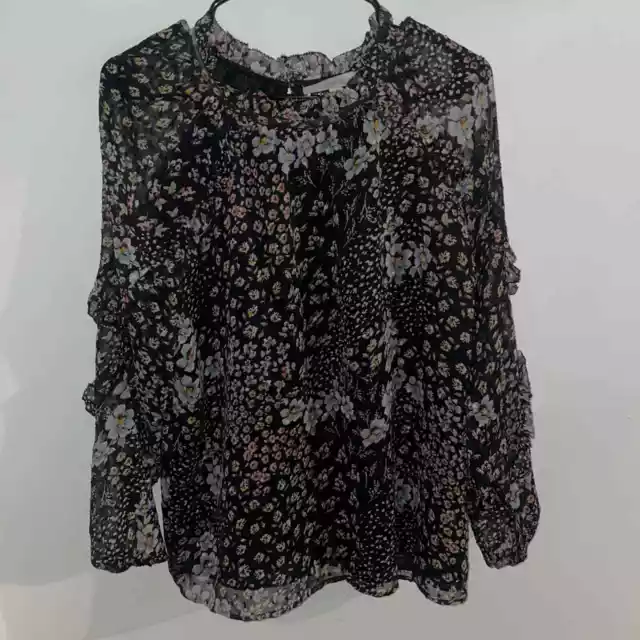 Loft ruffle mock neck black floral sheer long sleeve blouse, women's size large