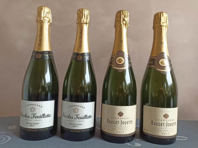 2 champagnes Bauget-Jouette brut (carte blanche) et 2 Nicolas Feuillatte brut, 