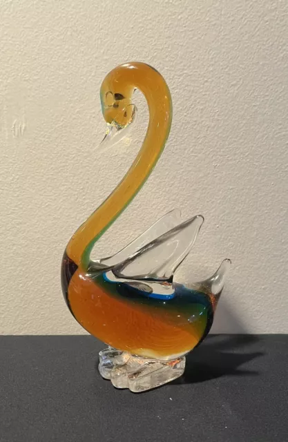 Murano Glass Swan Clear Amber Gold with Original Sticker