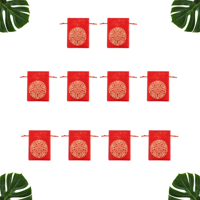 10 Pcs Pochettes À Cordon Pour Bijoux En Brocart Rouge Portable