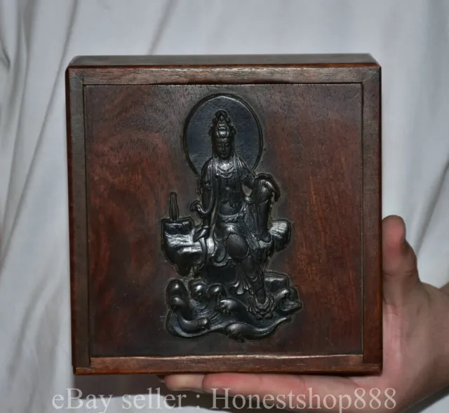 6" Old Chinese Huanghuali Wood Dynasty Free Seat Guan yin Jewelry Box Statue