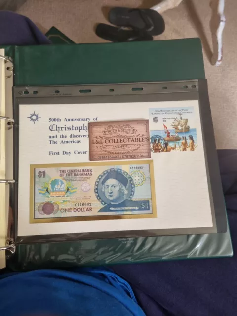bahamas banknotes one dollar with first day cover discovery of the Americas scan