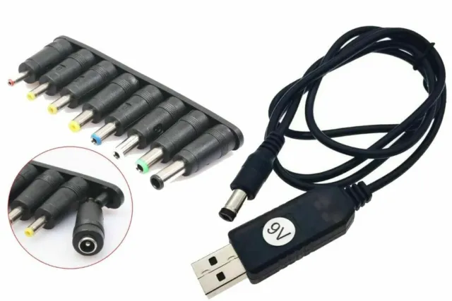 USB 5V to 9V Boost Step Up Power Supply Cable With 8 Adapter Tips