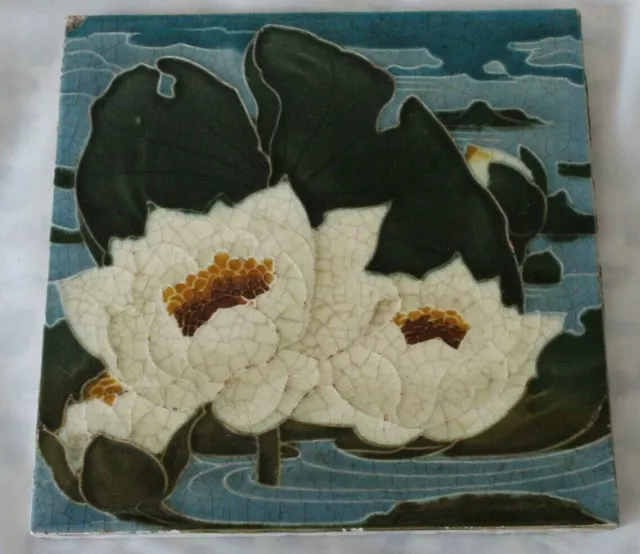 Rare Large Minton Secessionist Tile Colourful Waterlily Design Art Nouveau 1900S
