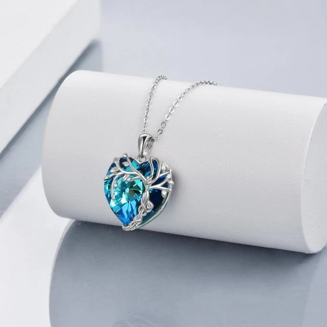 Tree of Life Necklace Sterling Silver Blue Crystal Heart Pendant Jewelry for Wom