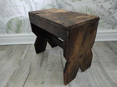 Wonderful Rustic Old Vintage Wooden Stool Plant Stand Milking Stool Hand Crafted 2