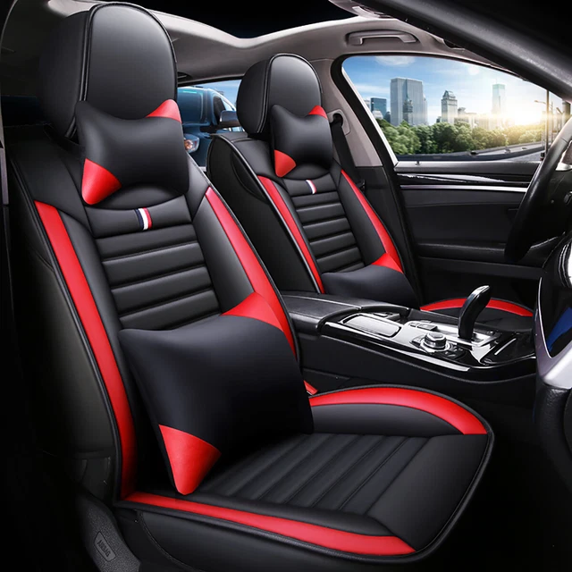 For Nissan Luxury PU Leather Car Seat Covers Full Set Cushion Pad w/ Pillows Red