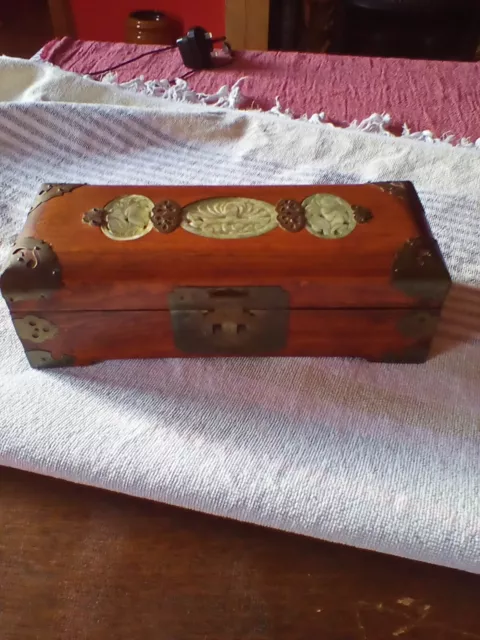 Chinese wood,jade and brass jewellery box,vintage,excellent condition for age