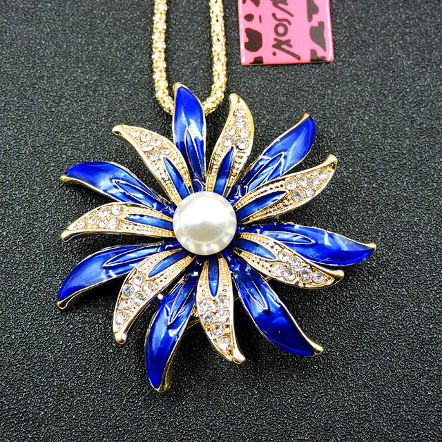 Blue Enamel Crystal Pearl Flower Women Pendant Betsey Johnson Chain Necklace