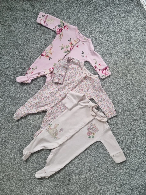 Baby Girls Next Babygrow Bundle Newborn Floral Pink White Sleepsuits Rabbit H