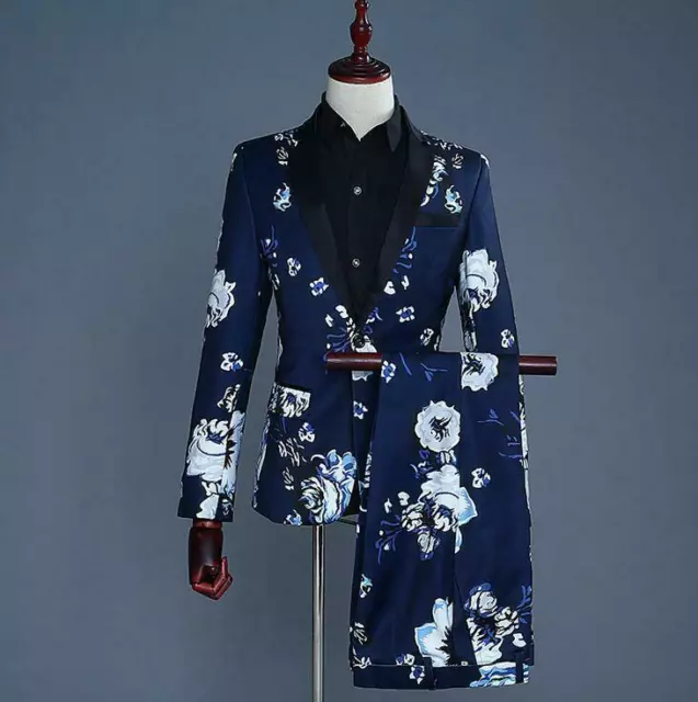 MENS FLORAL PRINTED Formal Wedding Suit Coat Pants Slim Fit Stage