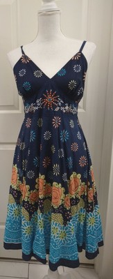 Mlle Gabrielle Sz medium Woman's navy turquoise and peach Floral Strapped Midi