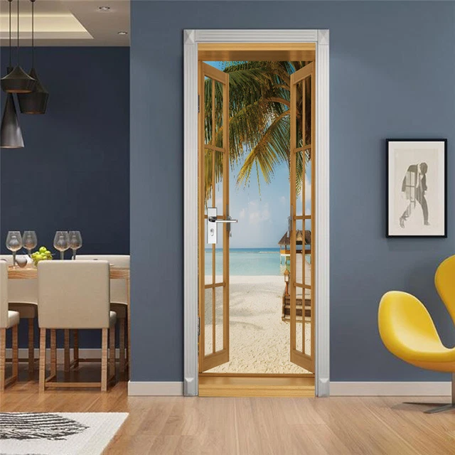 Recom 3D Self-Adhesive French Windows Seascape Door Sticker Door Mural Wallpaper