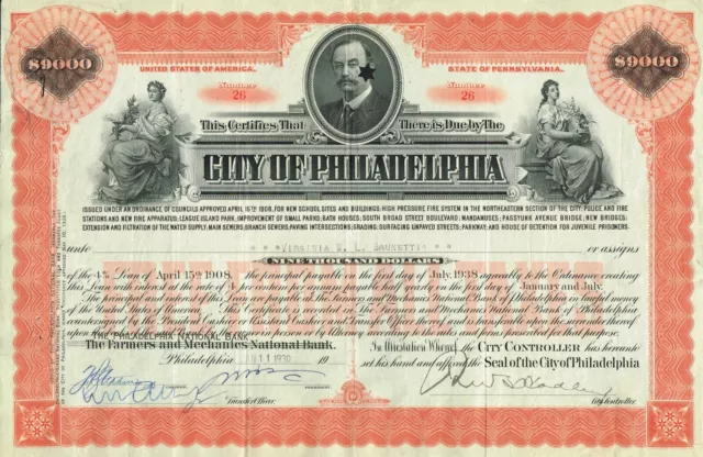 USA CITY OF PHILADELPHIA LOAN  stock certificate/bond $9000