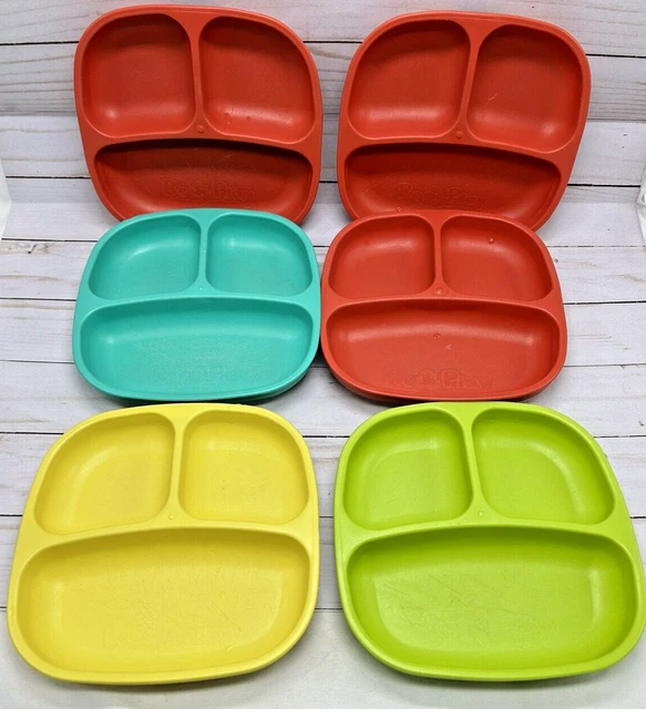 Set of 6 Pre-Owned Re-Play Divided Plastic Plates for Kids Deep Sides