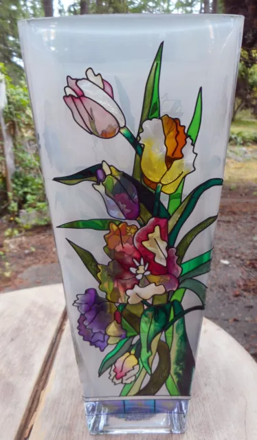 AMIA Hand-Painted Floral & Leaf Design Glass Vase! 10" x 4"