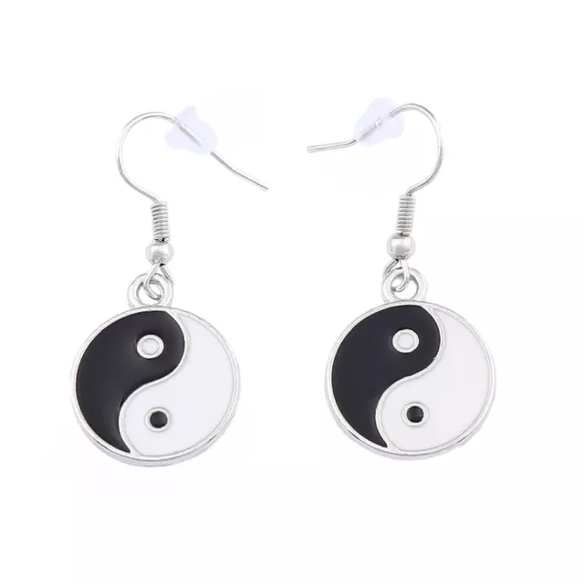 A Pair Black & White Enamel Chinese Yin Yang Feng Shui Dangle Earrings For Women