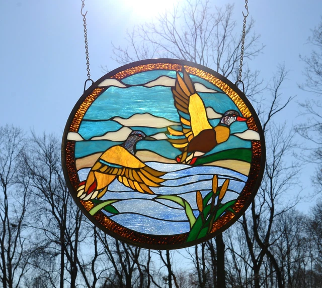 19.75" Dia TWO MALLARD DUCKS Round Handcrafted Stained Glass Suncatcher Panel