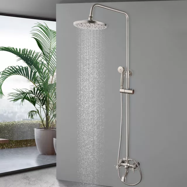 Brushed Nickel Shower Faucet Set Rainfall Round Head Wall Mount Mixer Brass Taps