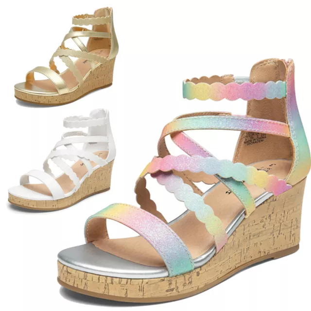 Girls Fashion Sandals Wedge Sandal Back Zip Elastic Ankle Strap Platform Sandals