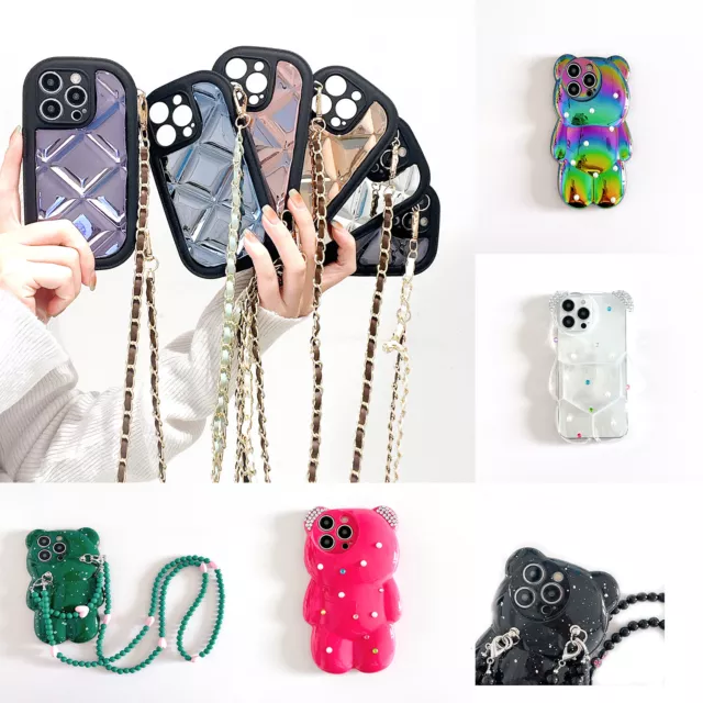 Cute 3D Cartoon Bear& Glitter Pearl+ Strap Case Cover For iPhone 14 13 12 11 XR