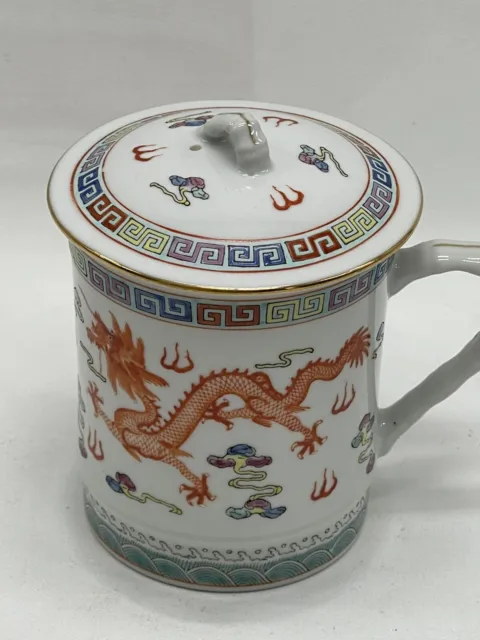 Chinese Red Dragon And Hand Painted Tea Coffee Cup With Lid