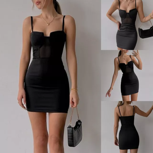 Elegant Sleeveless Mesh Party Dress for Women V Neck & High Waist Solid Black