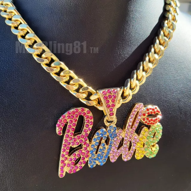 Gold Plated Multi Color Barbie Iced Cubic Zirconia Charm & Cuban Chain Necklace