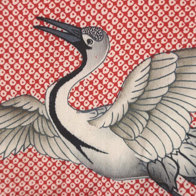 8875B2 Silk Vintage Japanese Kimono Juban Crane Birds Kinsha
