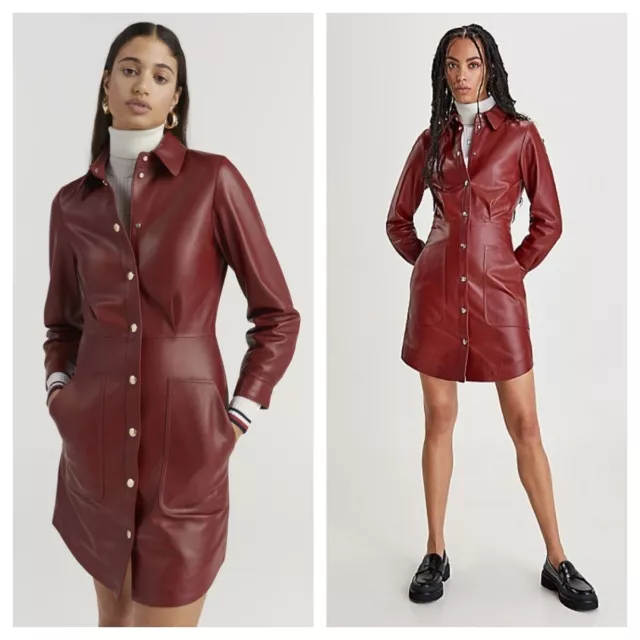 Tommy Hilfiger / oxblood Red genuine Leather Shirtdress long sleeve runway 34 S